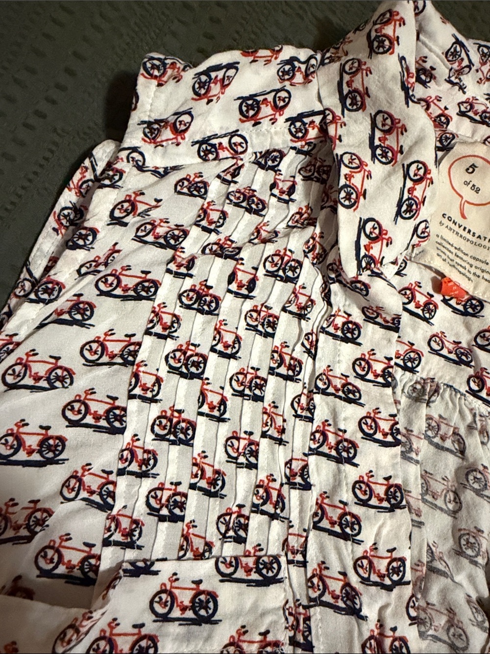 Anthropologie White Blouse with Red & Navy Bicycle Print - Picture 3 of 5